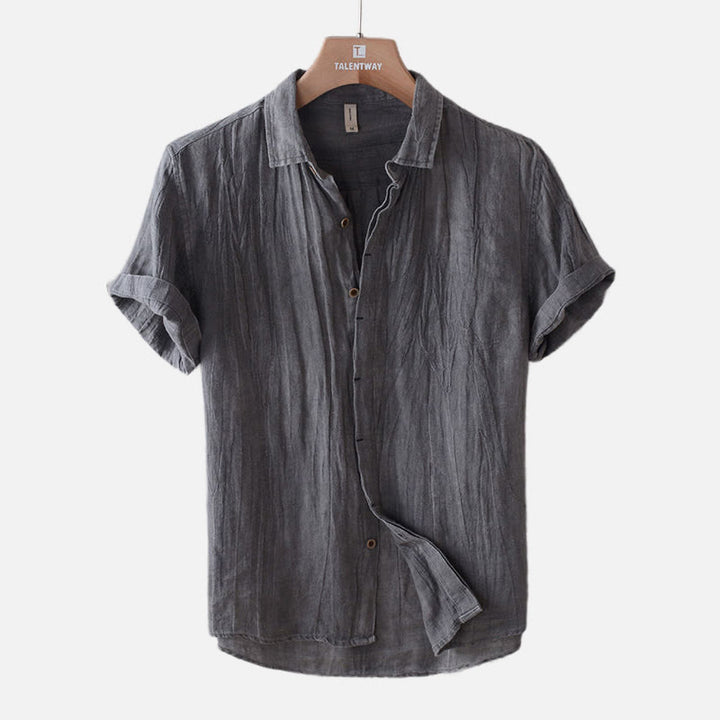 Camicia da uomo Buddha Stones , tinta unita, con risvolto, manica corta, comoda camicia in cotone e lino con piega e bottoni