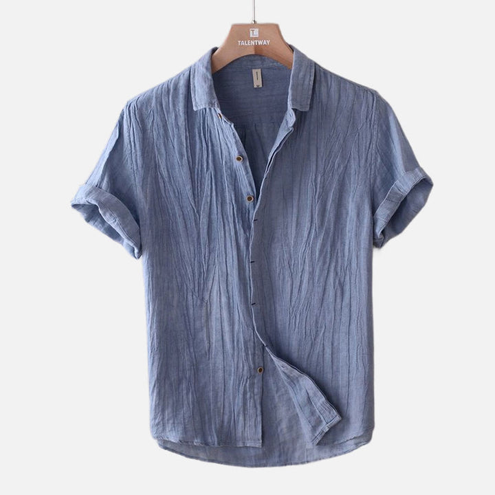 Camicia da uomo Buddha Stones , tinta unita, con risvolto, manica corta, comoda camicia in cotone e lino con piega e bottoni