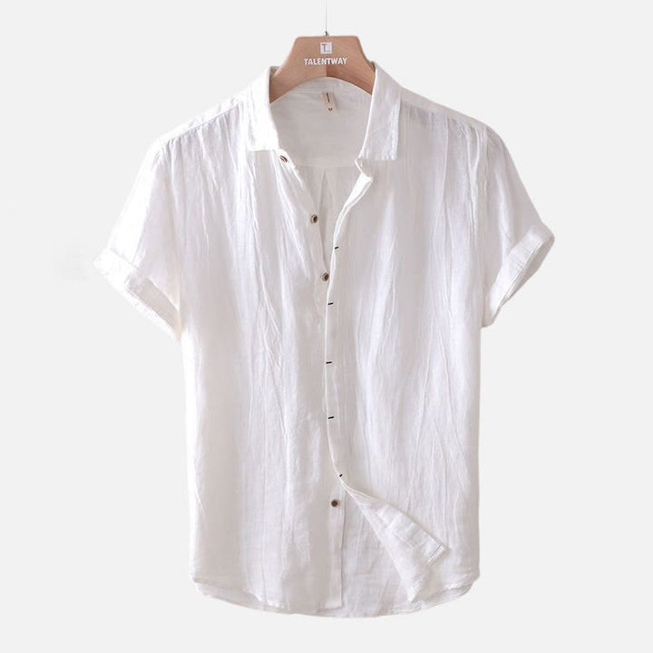 Camicia da uomo Buddha Stones , tinta unita, con risvolto, manica corta, comoda camicia in cotone e lino con piega e bottoni