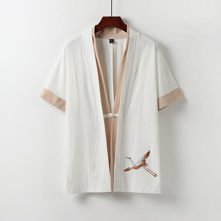 Kimono Hanfu da uomo a due pezzi con maniche corte e ricami, in cotone confortevole, con finte Buddha Stones. - Bianco - US/UK/AU54, EU64 (9XL) - image 0