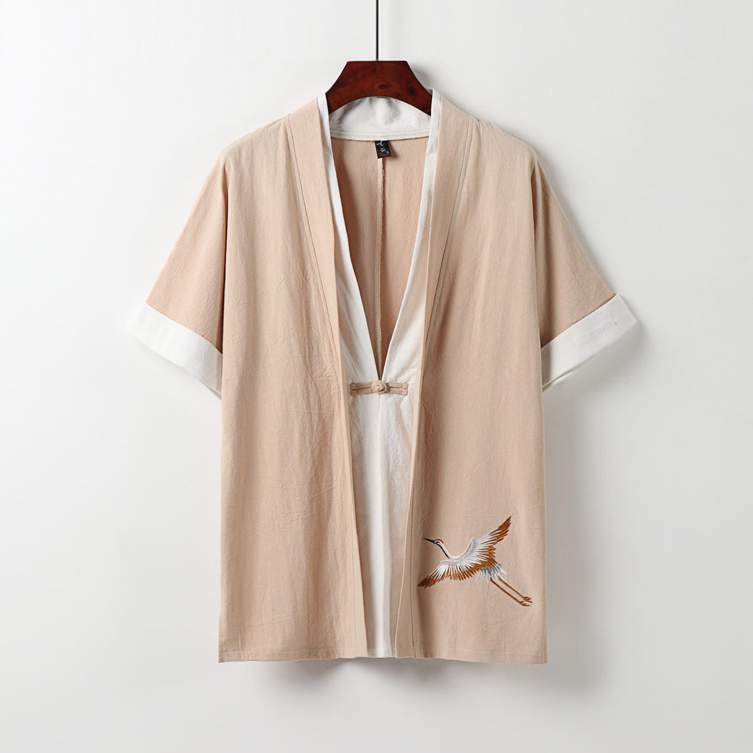 Kimono Hanfu da uomo a due pezzi con maniche corte e ricami, in cotone confortevole, con finte Buddha Stones. - PeachPuff - US/UK/AU54, EU64 (9XL) - image 12