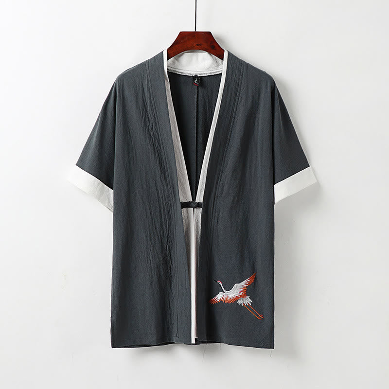 Kimono Hanfu da uomo a due pezzi con maniche corte e ricami, in cotone confortevole, con finte Buddha Stones. - Grigio - US/UK/AU54, EU64 (9XL) - image 11