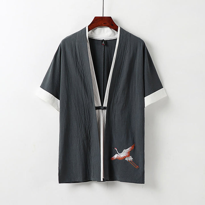 Kimono Hanfu da uomo a due pezzi con maniche corte e ricami, in cotone confortevole, con finte Buddha Stones. - Grigio - US/UK/AU54, EU64 (9XL) - image 11