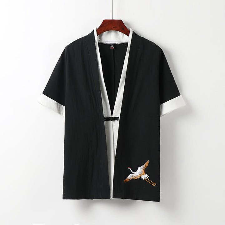Kimono Hanfu da uomo a due pezzi con maniche corte e ricami, in cotone confortevole, con finte Buddha Stones. - Nero - US/UK/AU54, EU64 (9XL) - image 1