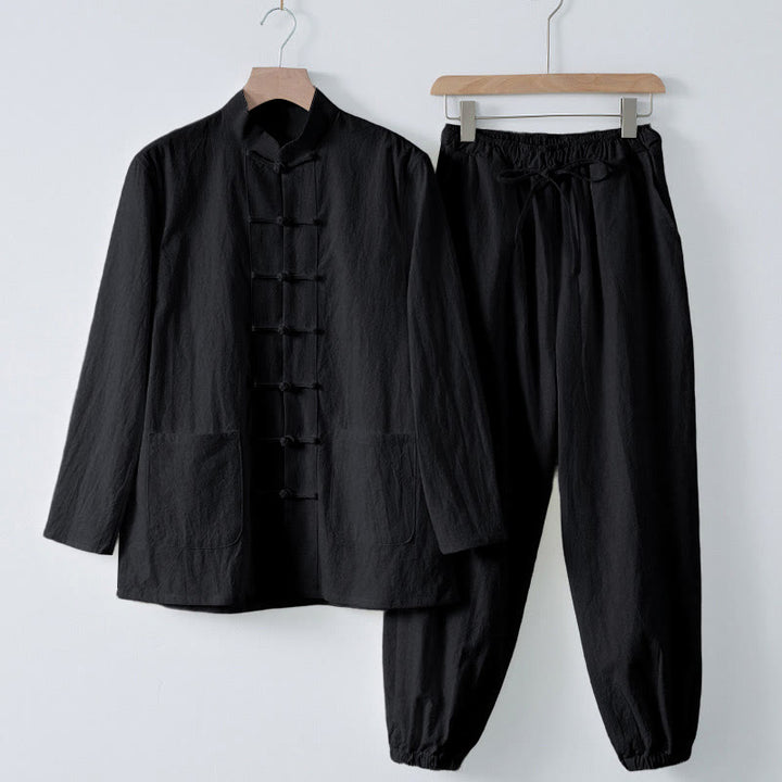 Buddha Stones Meditazione Rana-Bottone Tang Camicia Manica Lunga Pantaloni Uomo Completo
