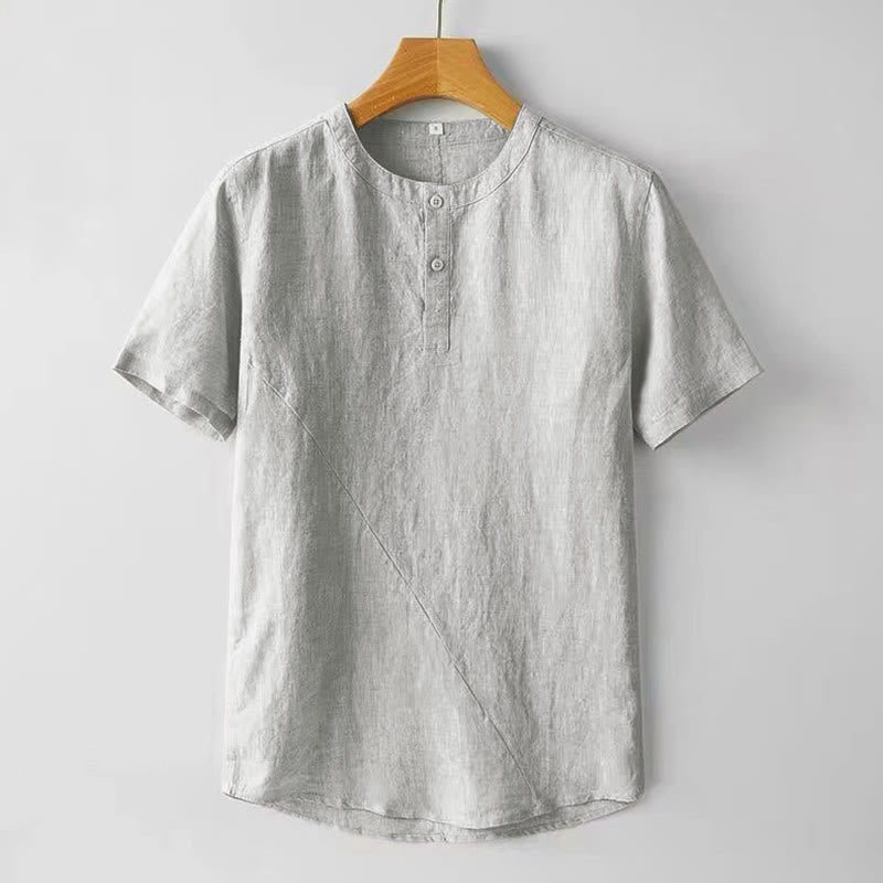 Camicia estiva da uomo con bottoni a tinta unita e maniche corte in lino Buddha Stones