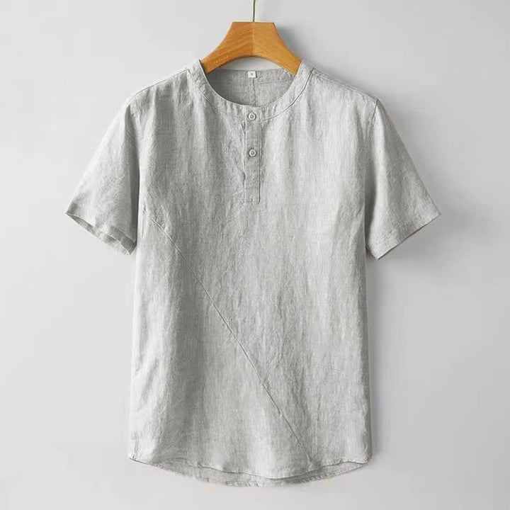 Camicia estiva da uomo con bottoni a tinta unita e maniche corte in lino Buddha Stones