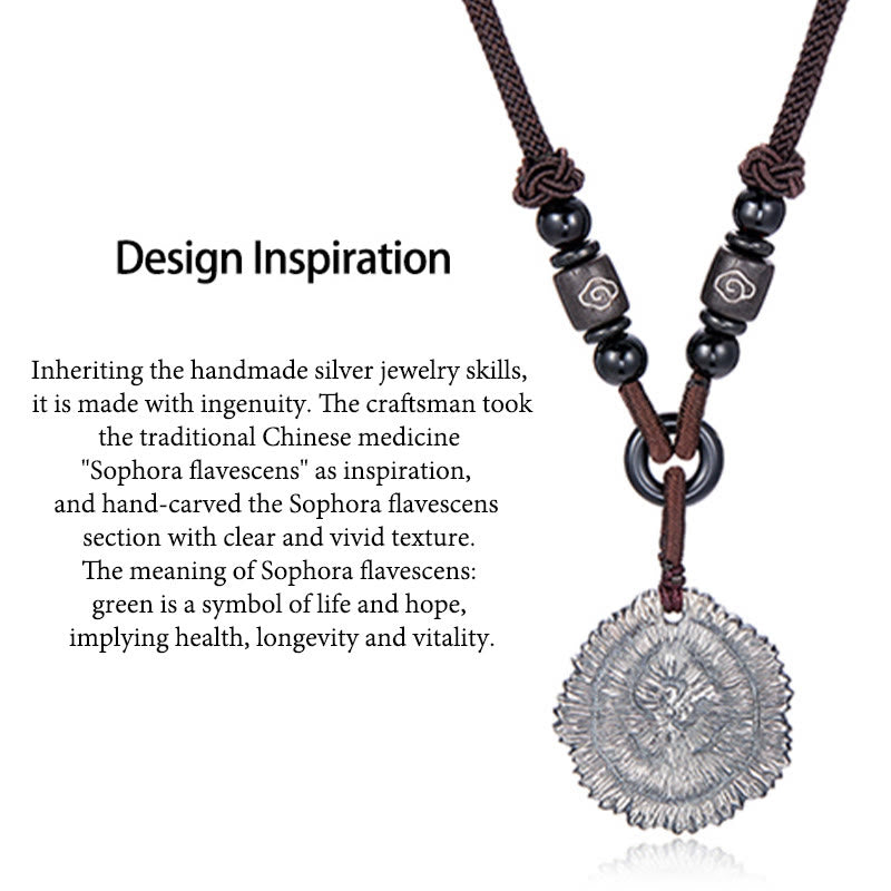 Collana pendente in corda di cotone Sophora Flavescens in argento sterling 999 Buddha Stones