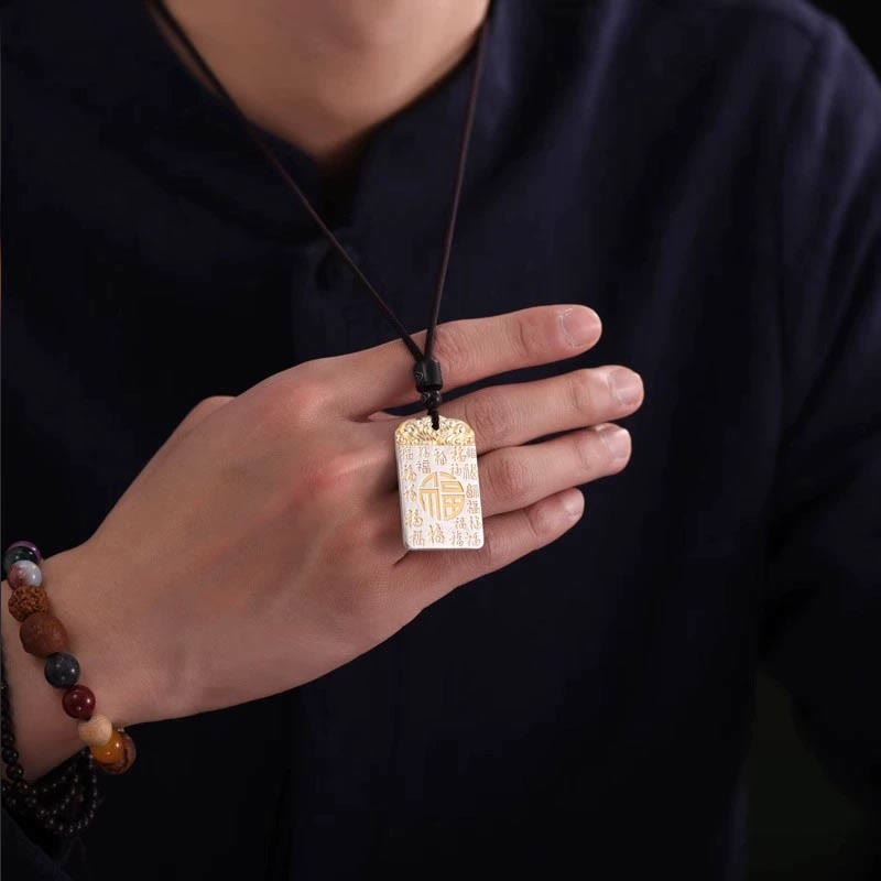 Buddha Stones in rame placcato argento Fu carattere nuvole di buon auspicio fortuna corda collana pendente