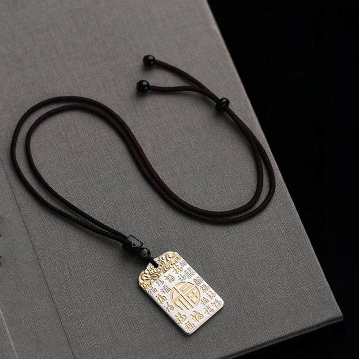 Buddha Stones in rame placcato argento Fu carattere nuvole di buon auspicio fortuna corda collana pendente