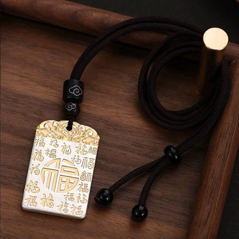Buddha Stones in rame placcato argento Fu carattere nuvole di buon auspicio fortuna corda collana pendente