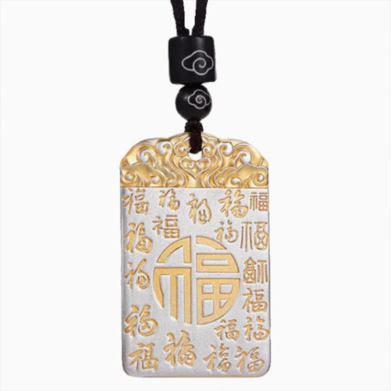 Buddha Stones in rame placcato argento Fu carattere nuvole di buon auspicio fortuna corda collana pendente