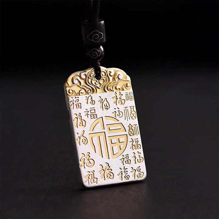 Buddha Stones in rame placcato argento Fu carattere nuvole di buon auspicio fortuna corda collana pendente
