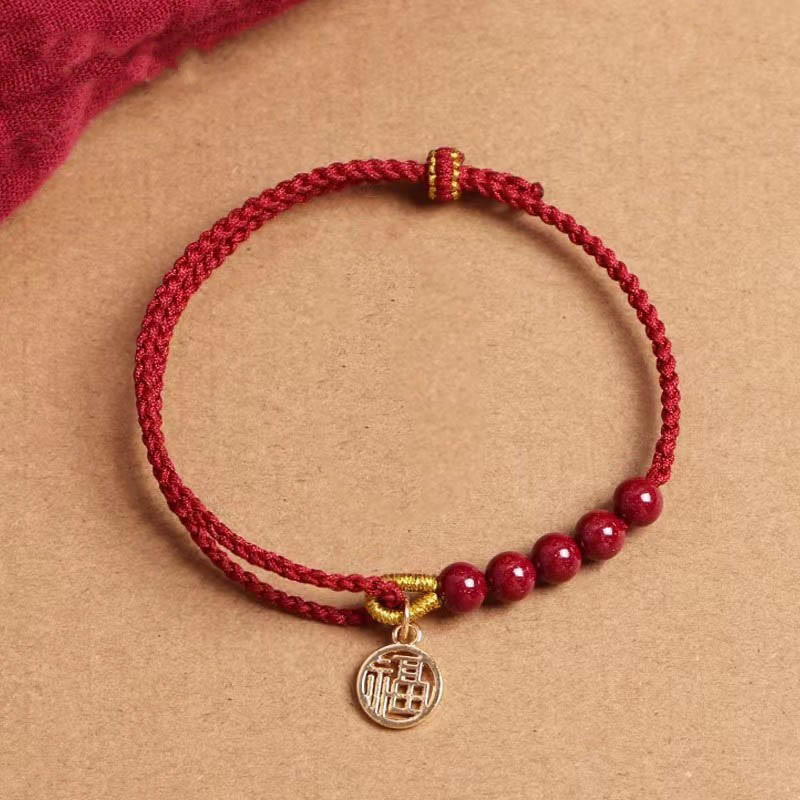 Buddha Stones, perline di carattere Fu, benedizione, braccialetto intrecciato fatto a mano con filo rosso