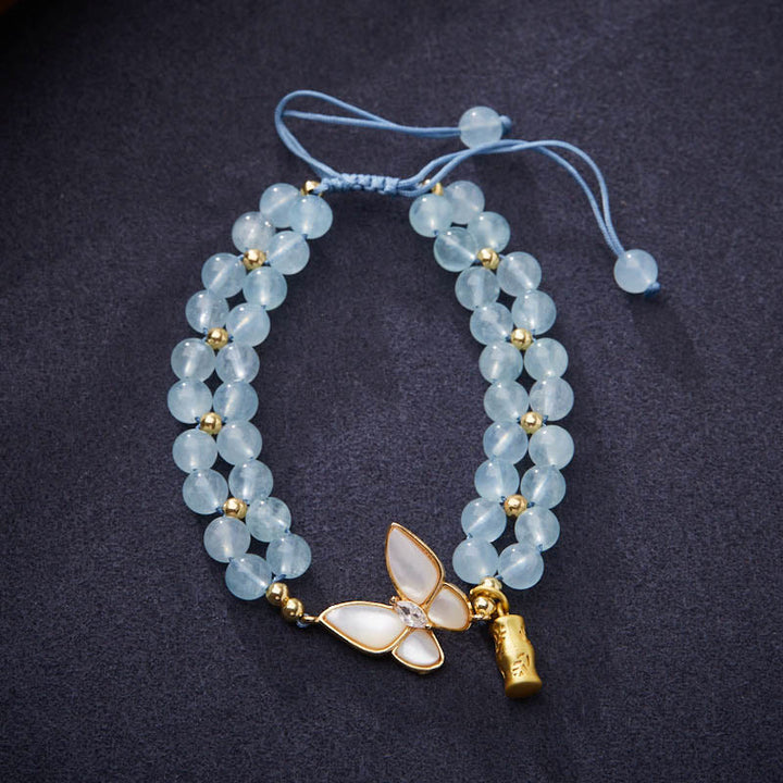 Buddha Stones Braccialetto curativo in bambù con farfalla, acquamarina naturale, ametista e pietra di luna, con motivo a farfalla. - Acquamarina (Circonferenza del polso: circa 14-16 cm) - image 0