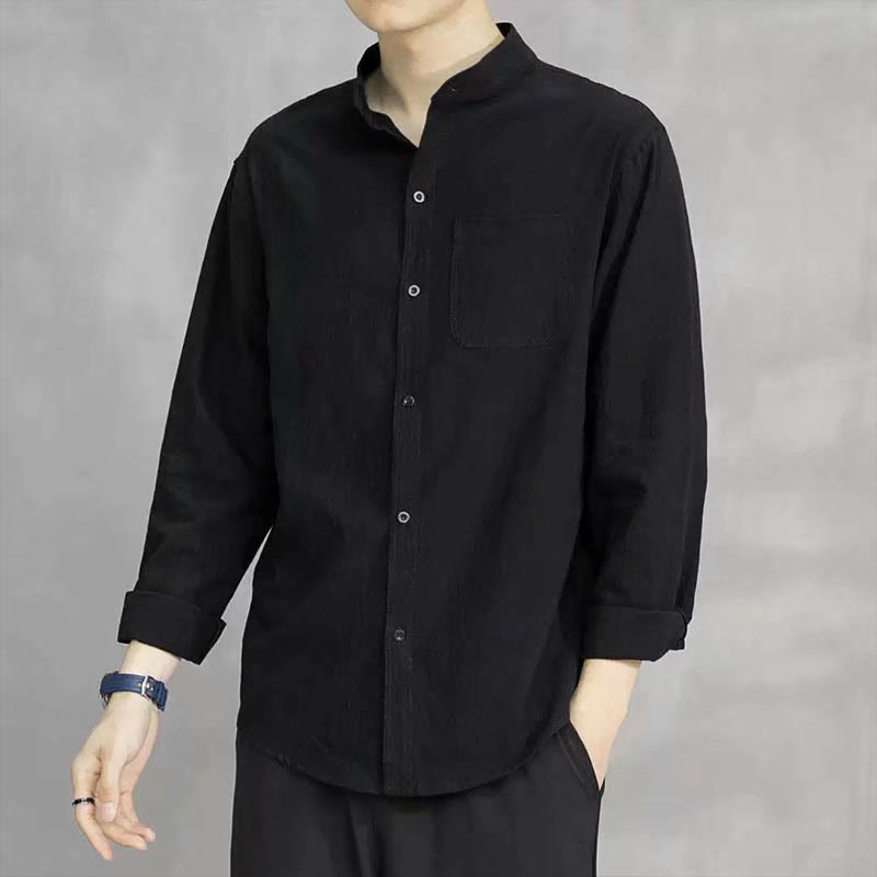 Camicia a maniche lunghe da uomo Buddha Stones con tasca, colletto alla coreana, comoda camicia in lino - Nero - US/UK/AU46, EU56 (5XL) - image 16