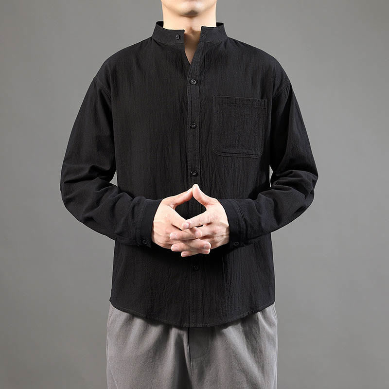 Camicia a maniche lunghe da uomo Buddha Stones con tasca, colletto alla coreana, comoda camicia in lino - image 17