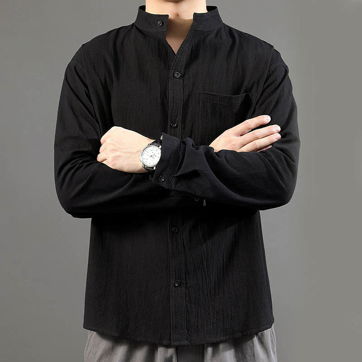 Camicia a maniche lunghe da uomo Buddha Stones con tasca, colletto alla coreana, comoda camicia in lino - image 18