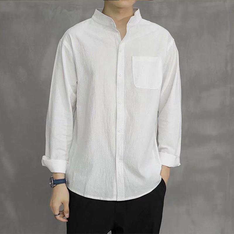 Camicia a maniche lunghe da uomo Buddha Stones con tasca, colletto alla coreana, comoda camicia in lino - image 14