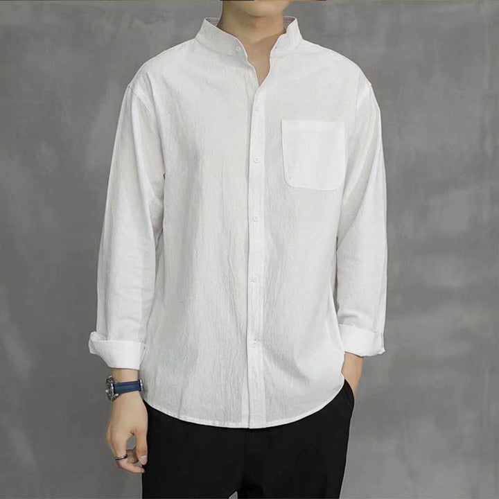 Camicia a maniche lunghe da uomo Buddha Stones con tasca, colletto alla coreana, comoda camicia in lino - image 14