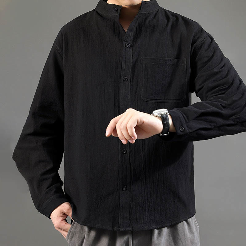 Camicia a maniche lunghe da uomo Buddha Stones con tasca, colletto alla coreana, comoda camicia in lino - image 20