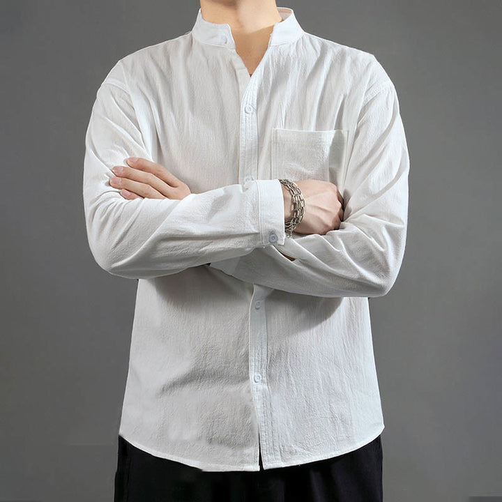 Camicia a maniche lunghe da uomo Buddha Stones con tasca, colletto alla coreana, comoda camicia in lino - image 13