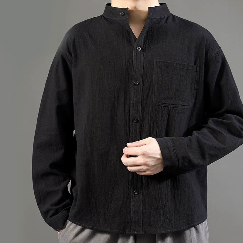 Camicia a maniche lunghe da uomo Buddha Stones con tasca, colletto alla coreana, comoda camicia in lino - image 19