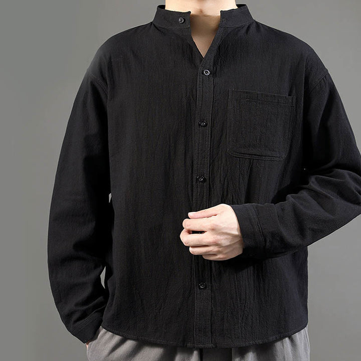Camicia a maniche lunghe da uomo Buddha Stones con tasca, colletto alla coreana, comoda camicia in lino - image 19