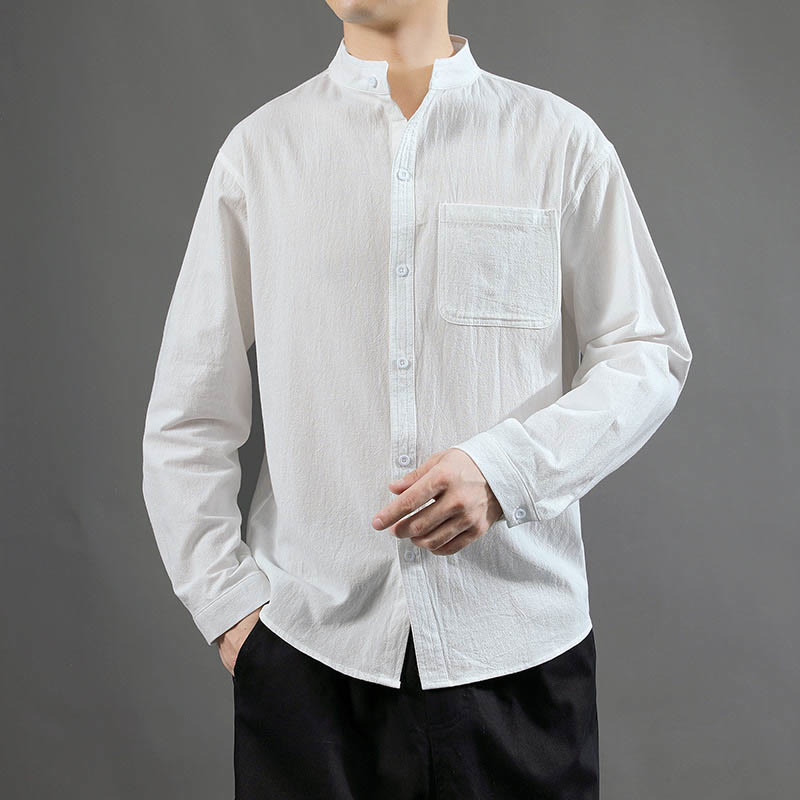 Camicia a maniche lunghe da uomo Buddha Stones con tasca, colletto alla coreana, comoda camicia in lino - Bianco - US/UK/AU46, EU56 (5XL) - image 10