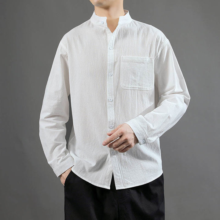 Camicia a maniche lunghe da uomo Buddha Stones con tasca, colletto alla coreana, comoda camicia in lino - Bianco - US/UK/AU46, EU56 (5XL) - image 10