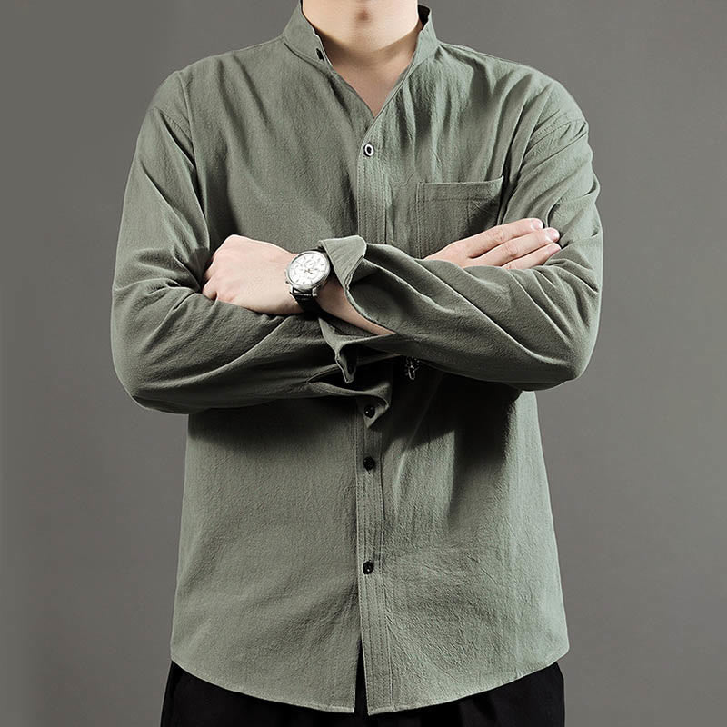 Camicia a maniche lunghe da uomo Buddha Stones con tasca, colletto alla coreana, comoda camicia in lino - image 7