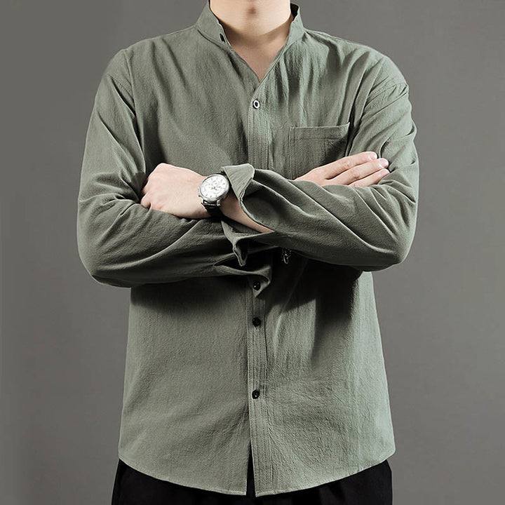 Camicia a maniche lunghe da uomo Buddha Stones con tasca, colletto alla coreana, comoda camicia in lino - image 7