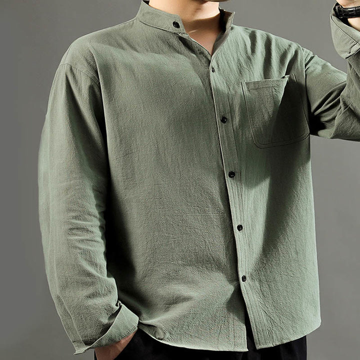 Camicia a maniche lunghe da uomo Buddha Stones con tasca, colletto alla coreana, comoda camicia in lino - image 5