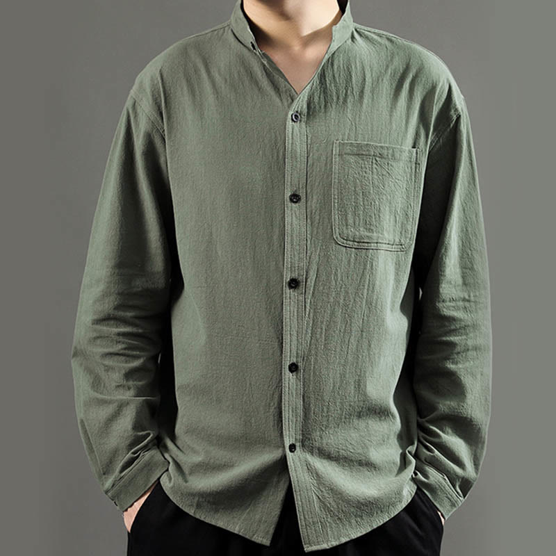Camicia a maniche lunghe da uomo Buddha Stones con tasca, colletto alla coreana, comoda camicia in lino - image 2