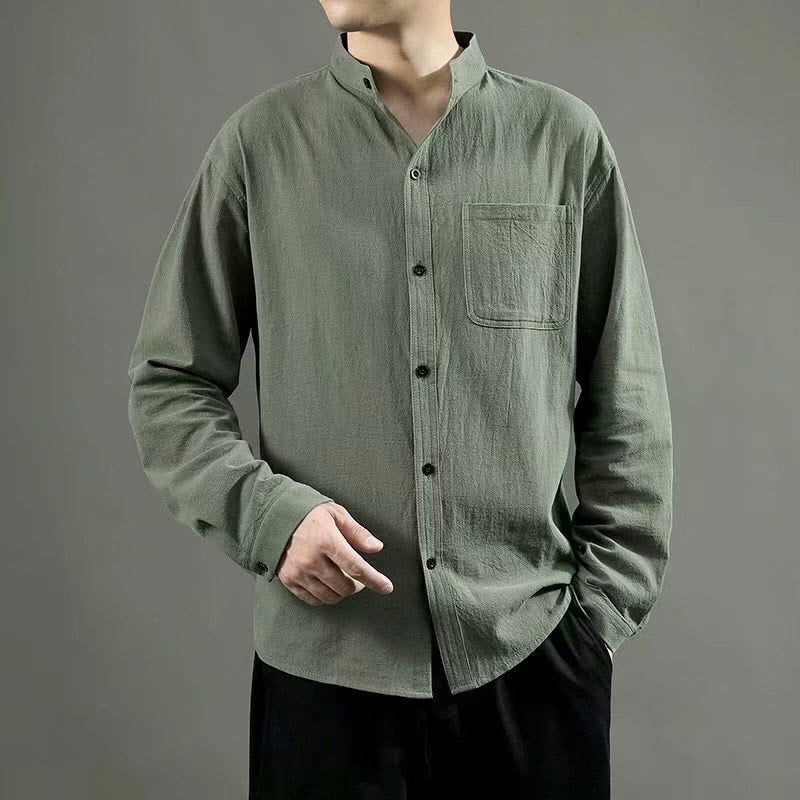 Camicia a maniche lunghe da uomo Buddha Stones con tasca, colletto alla coreana, comoda camicia in lino - Verde oliva - US/UK/AU46, EU56 (5XL) - image 1