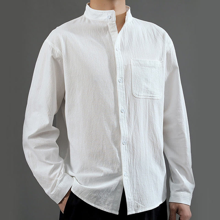 Camicia a maniche lunghe da uomo Buddha Stones con tasca, colletto alla coreana, comoda camicia in lino - image 12