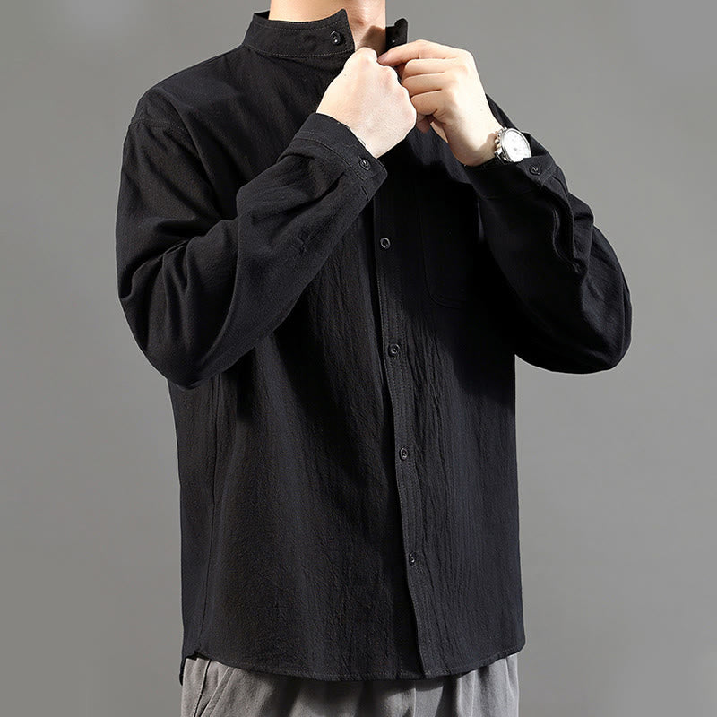 Camicia a maniche lunghe da uomo Buddha Stones con tasca, colletto alla coreana, comoda camicia in lino - image 22