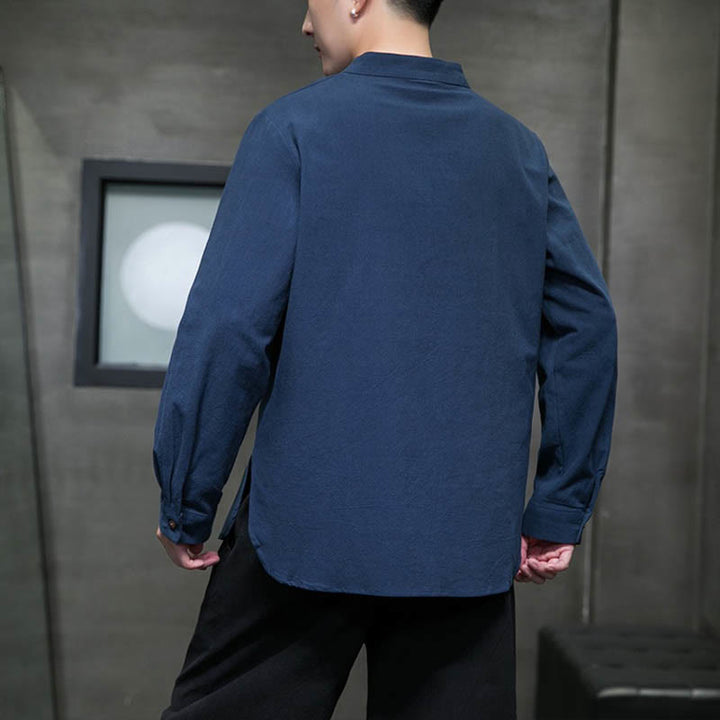 Camicia da uomo a maniche lunghe Buddha Stones con colletto alto e comoda camicia in cotone e lino - image 7