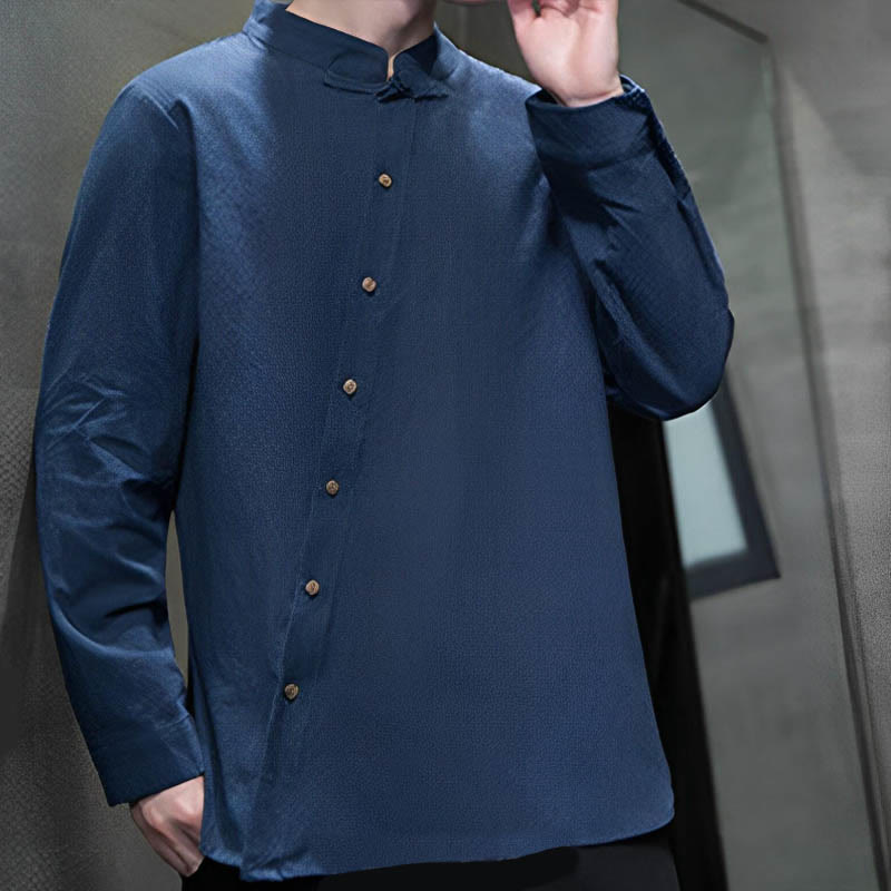 Camicia da uomo a maniche lunghe Buddha Stones con colletto alto e comoda camicia in cotone e lino - image 8