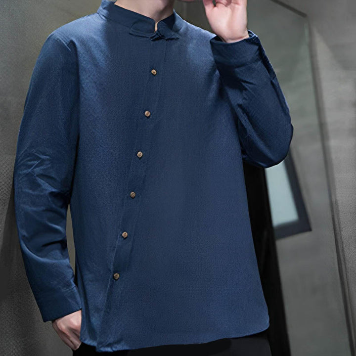 Camicia da uomo a maniche lunghe Buddha Stones con colletto alto e comoda camicia in cotone e lino - image 8