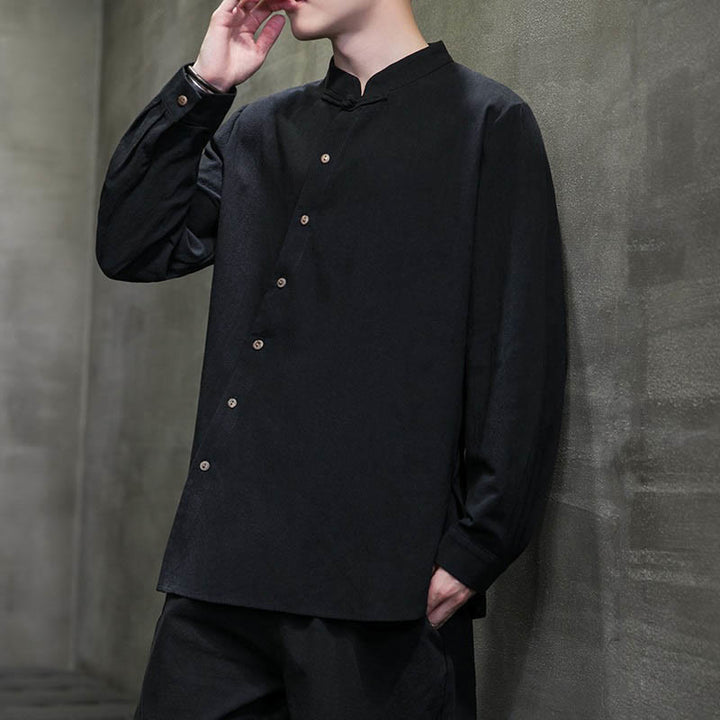 Camicia da uomo a maniche lunghe Buddha Stones con colletto alto e comoda camicia in cotone e lino - image 16