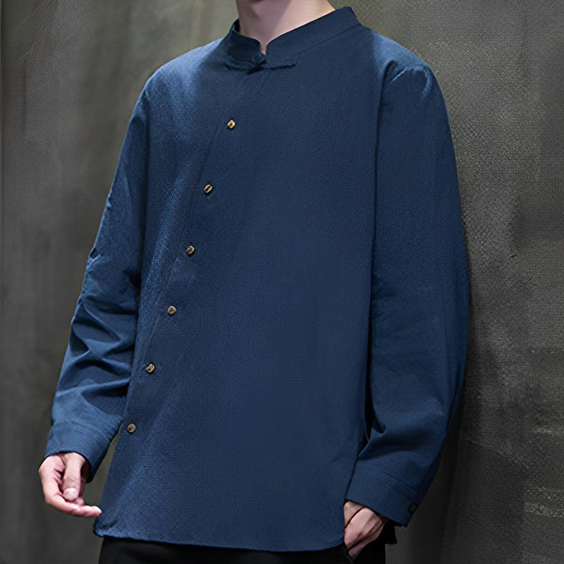 Camicia da uomo a maniche lunghe Buddha Stones con colletto alto e comoda camicia in cotone e lino - image 9
