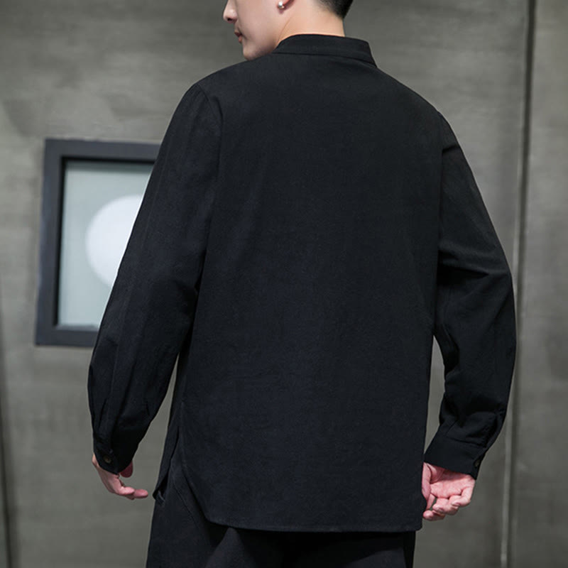 Camicia da uomo a maniche lunghe Buddha Stones con colletto alto e comoda camicia in cotone e lino - image 15