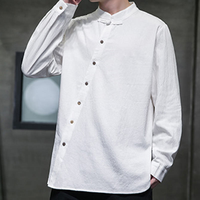 Camicia da uomo a maniche lunghe Buddha Stones con colletto alto e comoda camicia in cotone e lino - image 3