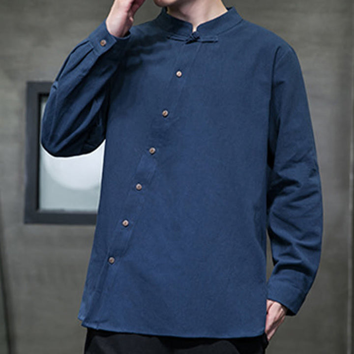 Camicia da uomo a maniche lunghe Buddha Stones con colletto alto e comoda camicia in cotone e lino - image 10