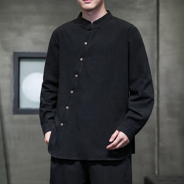 Camicia da uomo a maniche lunghe Buddha Stones con colletto alto e comoda camicia in cotone e lino - Nero - US/UK/AU46, EU56 (5XL) - image 14