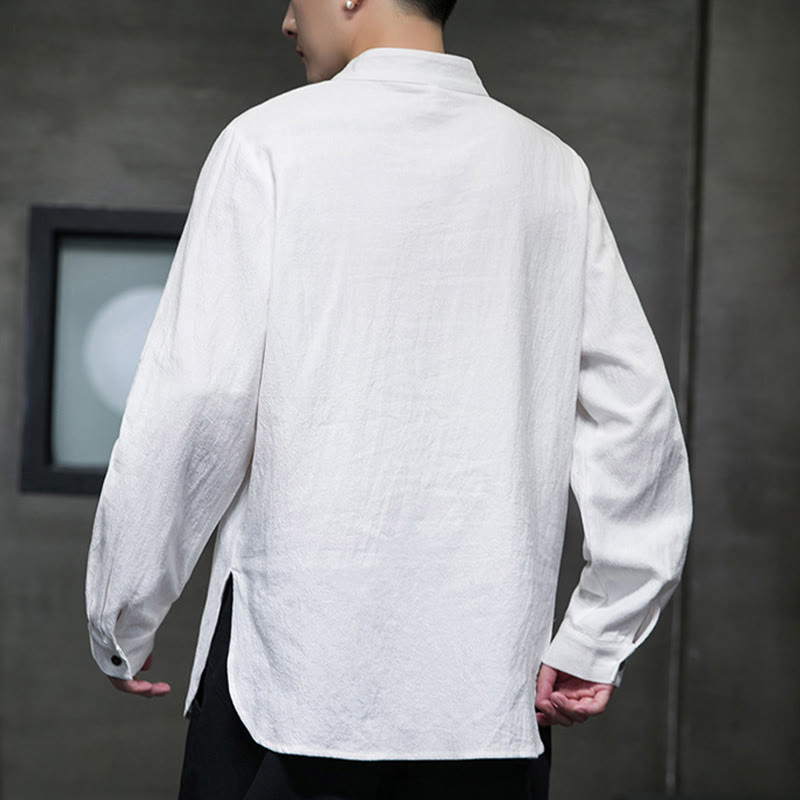Camicia da uomo a maniche lunghe Buddha Stones con colletto alto e comoda camicia in cotone e lino - image 2