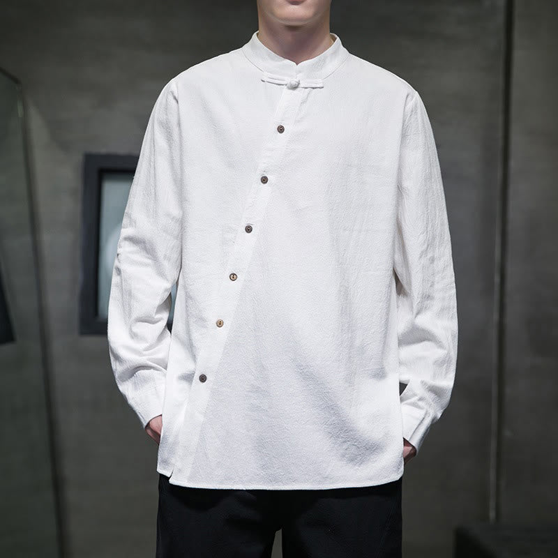 Camicia da uomo a maniche lunghe Buddha Stones con colletto alto e comoda camicia in cotone e lino - Bianco - US/UK/AU46, EU56 (5XL) - image 0
