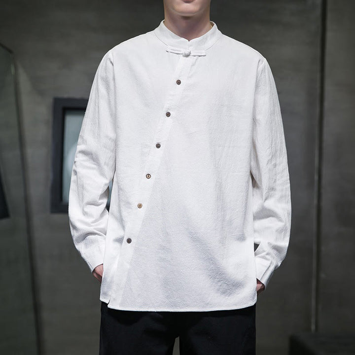 Camicia da uomo a maniche lunghe Buddha Stones con colletto alto e comoda camicia in cotone e lino - Bianco - US/UK/AU46, EU56 (5XL) - image 0