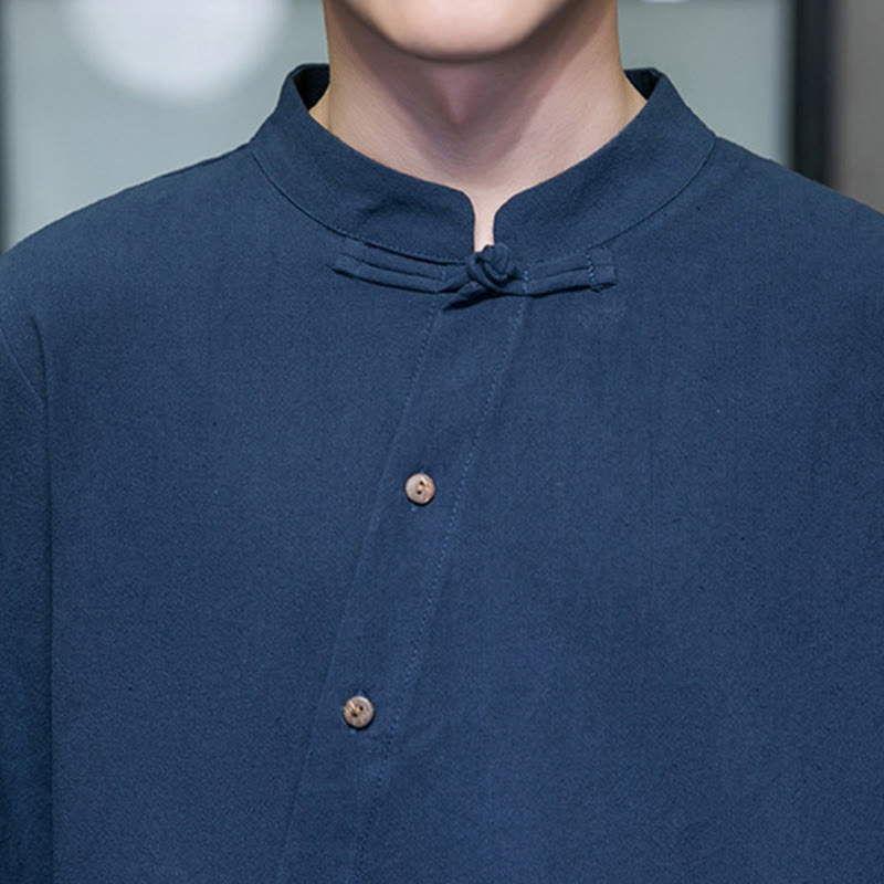 Camicia da uomo a maniche lunghe Buddha Stones con colletto alto e comoda camicia in cotone e lino - image 11